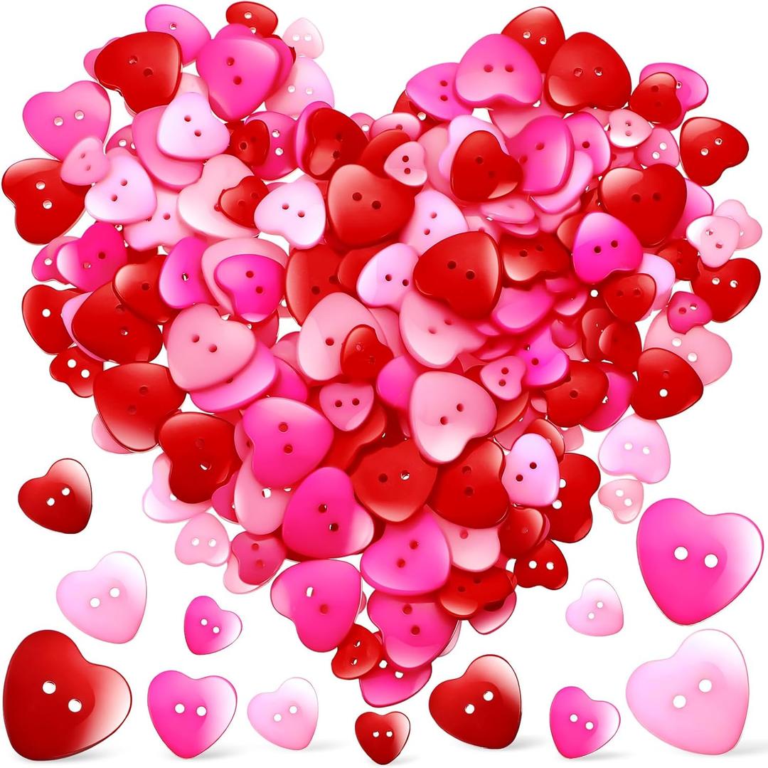 Zeyune 240 Pcs Heart Buttons Assorted Two Holes Love Shaped Cute Buttons 12.5mm 15mm 20mm 25mm for Valentine Gift DIY Crafts Scrap Booking Sewing(Red,Pink,Rose Red)