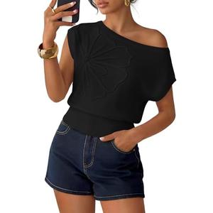 ZESICA Women's Summer Off Shoulder Short Sleeve Sweater Vest 2026 Floral Knit Loose Going Out Tops Trendy Cute Clothes Smal