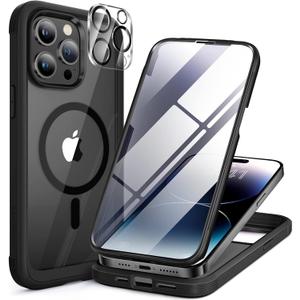 Miracase Magnetic for iPhone 14 Pro Max Case 6.7 inch, (Compatible with MagSafe) Upgrade Full-Body Clear Phone Bumper Case with Built-in 9H Tempered Glass Screen Protector, Magnetic Matte Black