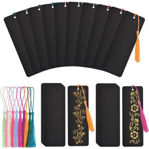 WANDIC 60 Pcs Blank Bookmarks, Black Bookmarks with 60 Pcs Colorful Tassels Thick Cardstock Paper Bookmark with Hole for DIY Craft Projects Supplies Gift Tags Book Decor