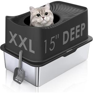 Top Entry Cat Litter Box with Lid, Stainless Steel Extra Large Enclosed Cats Kitty Litter Pan Easy Cleaning, XL Metal High Side litter Boxes Tray, Cat Box Enclosure, Never Absorb Odor or Rust