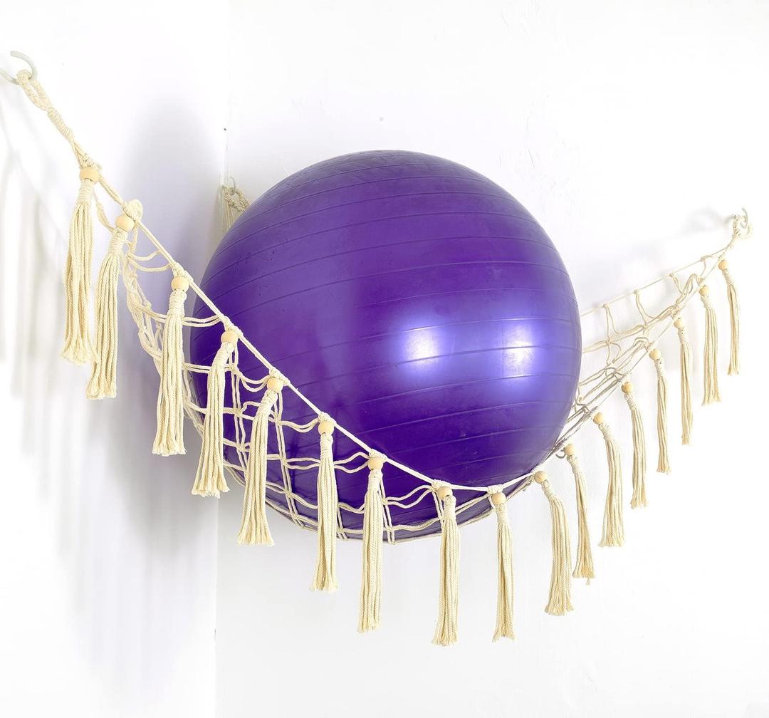 Exercise Ball Holder Yoga Ball Rack Corner Hanging Storage Net or Hammock for Fitness Ball Balance Ball Organizer Pregnancy Stability Ball Swiss Balance Ball for Yoga Studio and Gym (Cream)