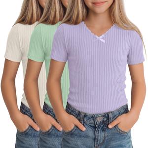 LessonZoo 3 Pack Girls Shirts Ribbed Knit Short Sleeve Modest Soft V Neck Tops Casual Lace Trim Slim Fitted Tees Cute 5-14Y(Cream, Light Green, Light Purple,9-10 Years)