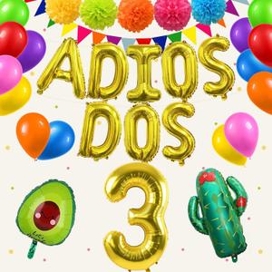 PARLONTY Adios Dos Mexican Fiesta 3rd Birthday Decorations - Multi-colored Balloons, Number '3', Llama, Taco, Avocado, Pompoms, Pennants - 1 Count