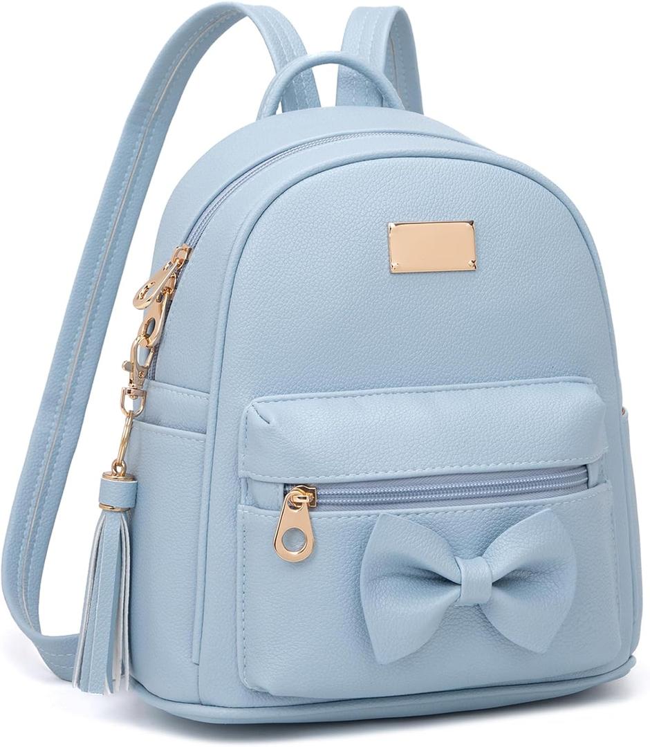 Backpack Purse for Women Girls Kids Mini Backpack for School Lightweight Waterproof PU Leather Bag, Bowknot, Tassel Pendant, Sky blue