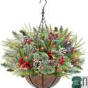 Mixed Branchs-20 Inch Christmas Hanging Basket with Lights 30LED Warm White&Multicolored 8 Modes Timer Remote Control, Lifelike Smoky Bristles Norfolk Pine Hanging Christmas Front Door Porch Decor
