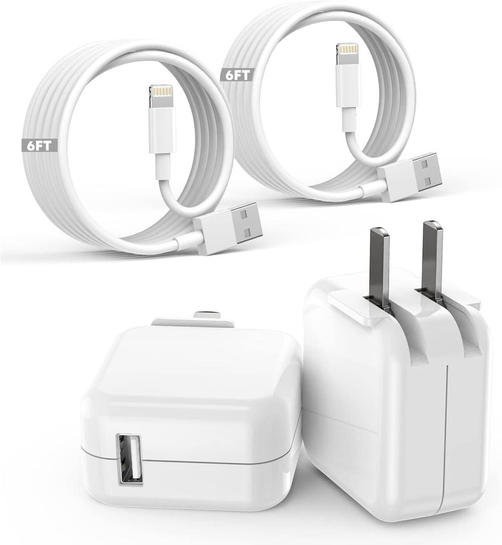 Fitquipment Compatible with iPad, iPhone Charger, Fast Charging 2Set 6FT Cable Cord with 12W Foldable Block Charging Travel Wall Plug Compatible with iPad, iPadPro, iPadAir,iPhone