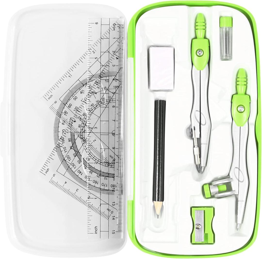 Math Geometry Kit Sets 10 Piece Student Supplies with Shatterproof Storage Box,Includes Rulers,Protractor,Compass,Eraser,Pencil Sharpener,Lead Refills,Pencil,for DraftingGreen