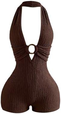 BEAUDRM Women's Summer Romper Sexy Short Rompers Y2K Halter Deep V Jumpsuit Backless Date Night Party Rave Club Outfits, Large