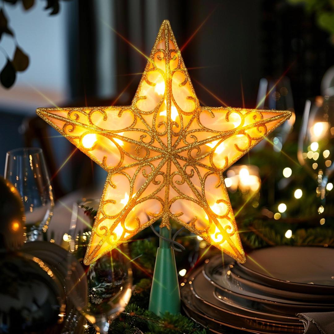 Star For Christmas Tree Top 9 Inch Tree Topper Lighted Pentagram Tree Topper Xmas Tree Topper With Warm LED Christmas Star