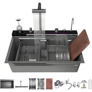 33x22 Inch 304 Stainless Steel Kitchen Sink with Pull-Out Swivel Faucet, Water Purification, Soap Dispenser Smart Digital Features, Single Bowl Double Waterfall Design