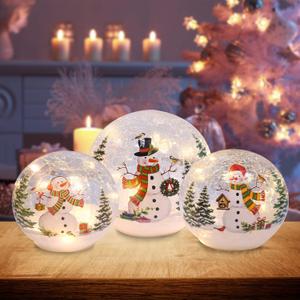 PHITRIC Christmas Decorations Indoor, 3 pcs Sparkling Snowman Globes with LED Lights and Timer, Tabletop Xmas Decor for Fireplace, Table, Home Decor Indoor