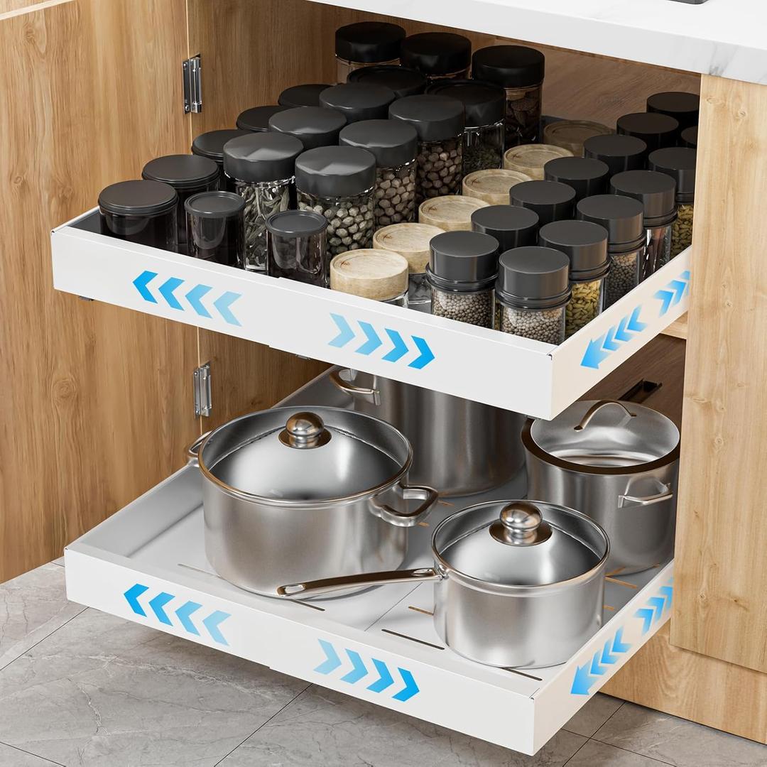 2 Pack Pull Out Cabinet Organizer Expandable Width(12.2"-20.47") & 21"Deep, Insputer No Drill Adhesive Slide Out Drawers with Upgrade 3 Slide Rails, Magnetic Panel, Roll Out Shelf for Kitchen, Pantry (White)