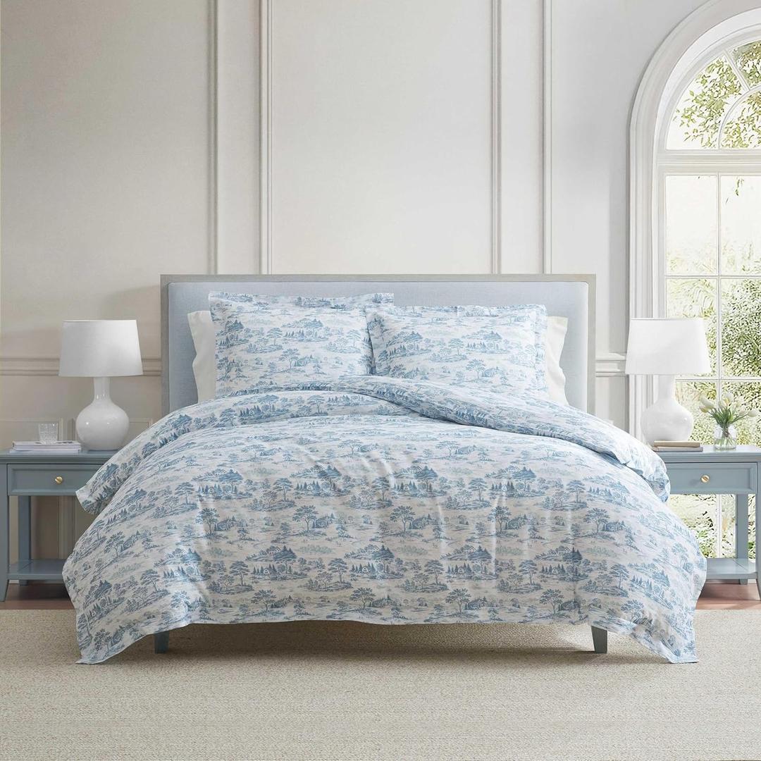 Martha Stewart - Queen Comforter Set, 100% Silky Smooth Cotton Sateen Bedding for Year Round Comfort, 3 Piece Bed Set with Matching Pillowcases (Farmhouse Toile Blue)