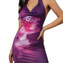 MakeMeChic Women's Summer Floral Halter Dress Draped Front Backless Bodycon Mini Dresses Purple Medium