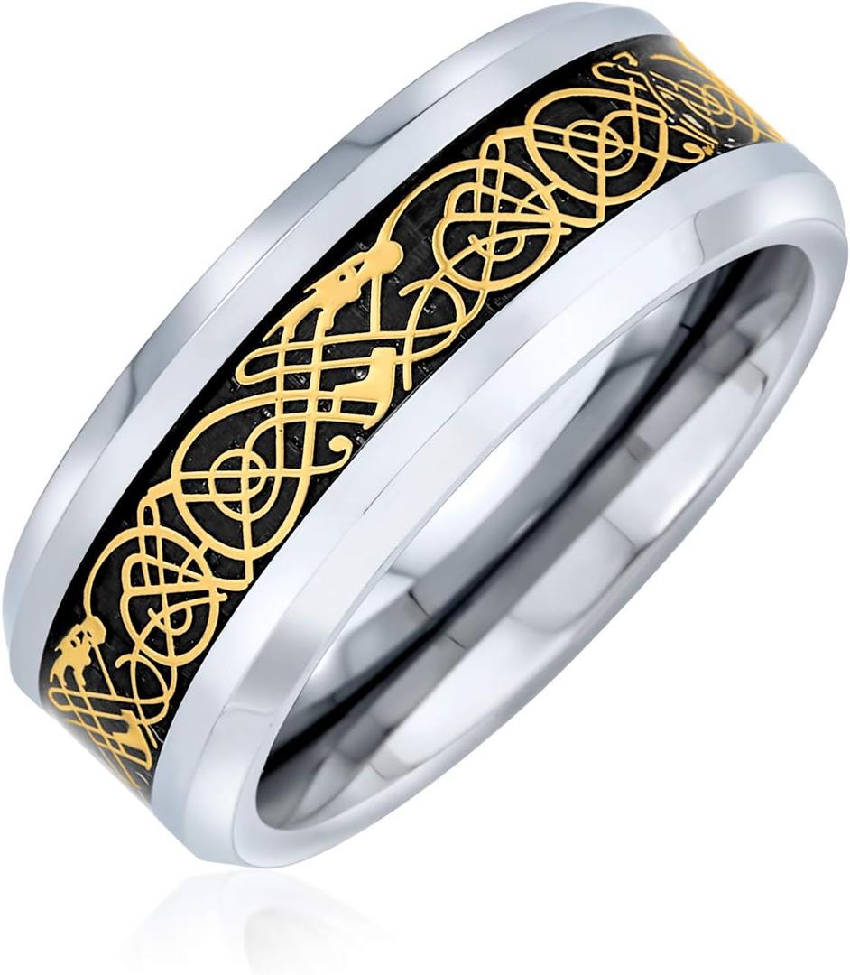 Personalize Two Tone Celtic Knot Dragon Carbon Fiber Inlay Couples Silver Gold Tones Titanium Wedding Band Rings For Men For Women Comfort Fit 8MM Wide In Blue Black Golden Colors Customizable 6.5