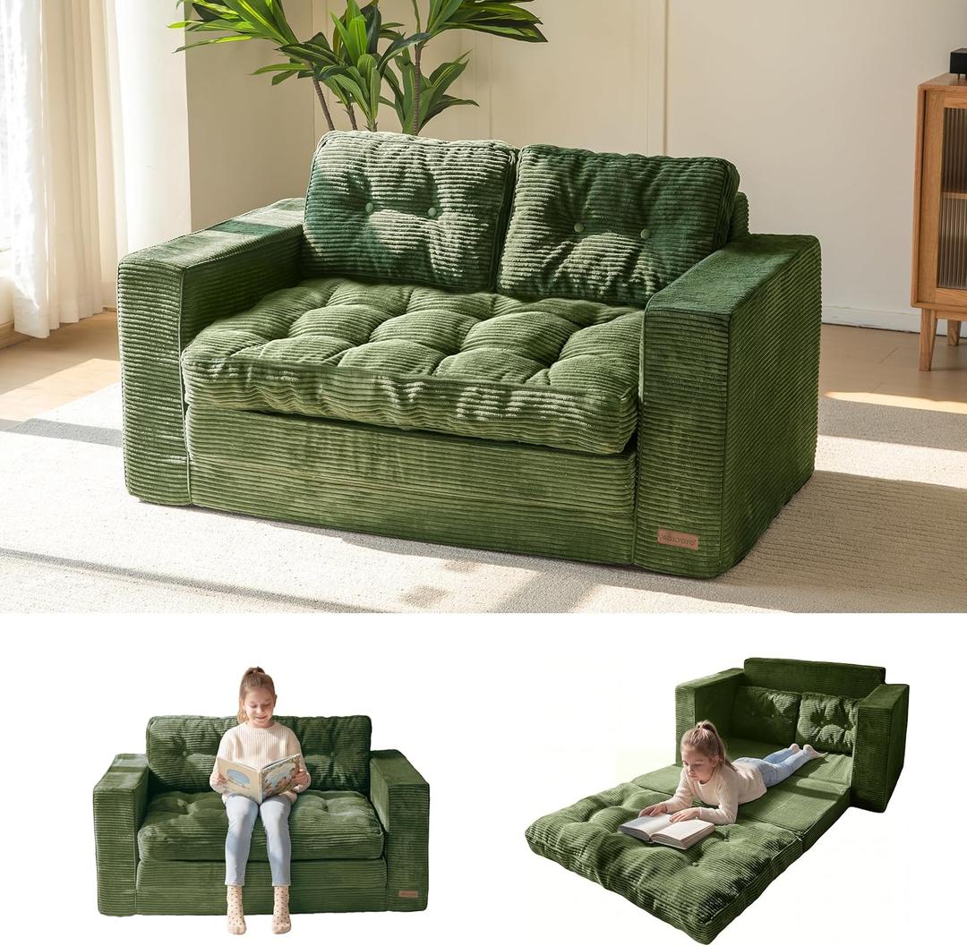 MAXYOYO Convertible Sofa Bed, Pull Out Loveseat Sleeper Sofa, 2 in 1 Folding Couch Bed, Fold Out Floor Couch with Pillows for Living Room Bedroom Lounge, Dark Green