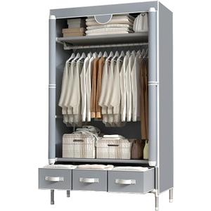 Portable Clothes Closet Rolling Door Wardrobe with Hanging Rack Non-Woven Fabric Storage Organizer with Three Drawer Boxes No-Tool Assembly - 35.4 x 17.7 x 67.0 (Gray), 90 x 45 x 170 centimeters