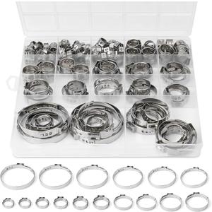 117PCS 16 Sizes Single Ear Hose Clamp, 304 Stainless Steel Ear Clamp Kit(5.3-48.5mm), Stepless Hose Clamps Cinch Rings for Automotive, Home Appliance Line and Plumbing.