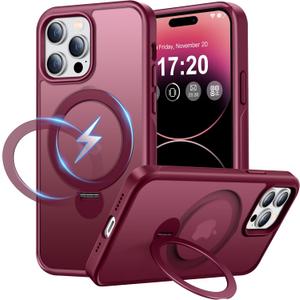 360 Rotatable Magnetic Stand for iPhone 14 pro Case Compatible with Mag-Safe 16FT Military Drop Protection, Anti-Scratch/Fingerprint Shockproof iPhone 14 pro Phone Case(Matte-Wine Red)