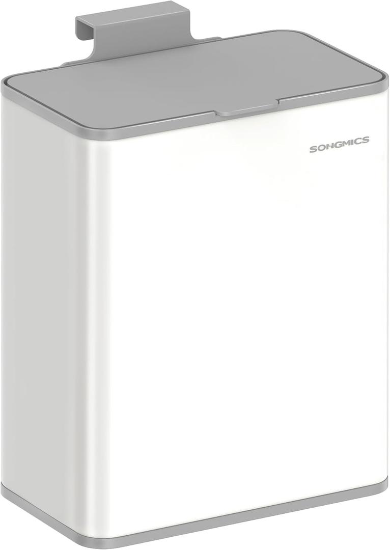 SONGMICS Hanging Trash Can, 2.1-Gallon (8 L) Small Kitchen Garbage Can with Lid, Cabinet Door Hanging or Wall-Mounted with Hooks, for Under Sink, Bathrooms, Cloud White ULTB810W01