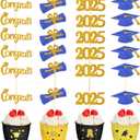 Chinco 100 Pack 2025 Graduation Cupcake Toppers Grad Cap Food Appetizer Picks Cake Graduation Party Decorations Diploma Cupcake Picks for Cake Class of 2025 Graduation Party(Blue and Gold)