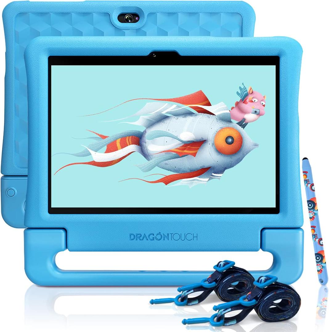 Dragon Touch Kids Tablet 10 inch IPS HD Display Android Tablets with 32GB Storage, 2GB RAM, Quad Core Processor, KIDOZ Pre-Installed, Kid-Proof Case, Shoulder Strap and Stylus, WiFi Only  Blue