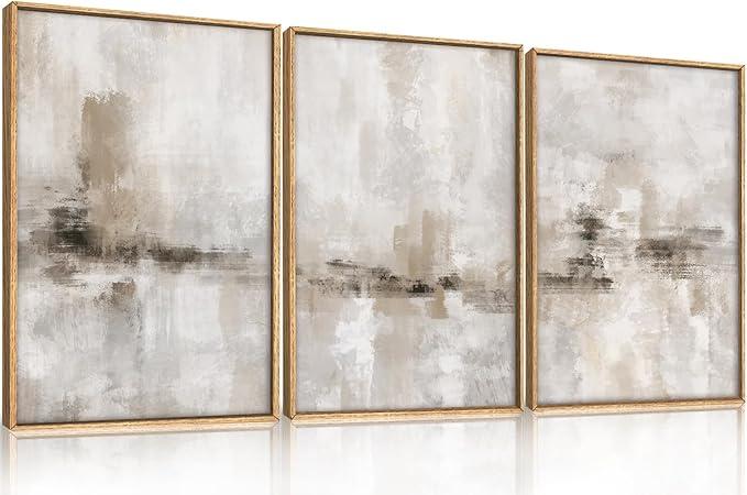 Ausril Large Neutral Textured Framed Canvas Wall Art Set, Minimalist Beige Shapes Wall Decor, Abstract Grunge Landscape Wall Painting, Modern Textured Art Prints for Living Room, Bedroom 24"x36"x3