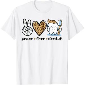 Peace Love Dental Tee Leopard Heart Teeth Funny Dentist T-Shirt, Small