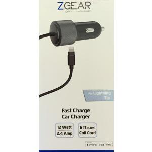 ZGEAR Fast Charge Car Charger - 12 Watt - 6 Foot Dual Output Lightning Car Charger with USB Port 