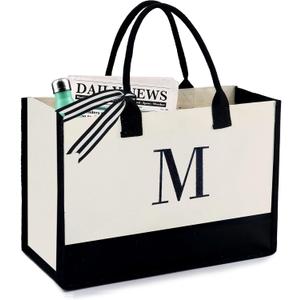 BeeGreen Embroidery Monogram Initial Tote Bag for Women Teacher Mom Friend Personalized Gift for Birthday Beach Work Wedding (Natural & Black)
