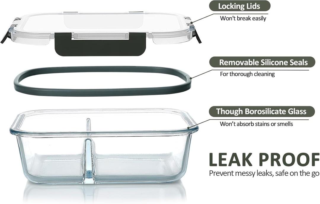 M MCIRCO 6-Pack,30 Oz Glass Meal Prep Containers 2 Compartments Airtight Lunch Bento Boxes with Lids, Glass Food Storage Containers, Microwave, Oven, Freezer and Dishwasher