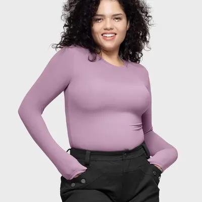 PUMIEY Women's Crew Neck Long Sleeve Bodysuit Sexy Tops Sharp Collection, Violet, Size XL