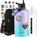 One Gallon Water Bottle Insulated, Triple Wall Vacuum Cold for 48 Hrs & Leak-proof & Non-BPA, 128oz Large Sports Stainless Steel Water Jug with Paracord Handle Straw Spout Lids & DIY Stickers (Purplish Green)