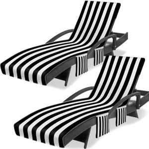 Ruikyhom Lounge Chair Towel Cover, Chaise Lounge Covers (Pack of 2), Striped Lounge Chair Towels with Fitted Top Pocket for Pool, Beach,Vacation Travel, 85 x 30 in, Striped Black