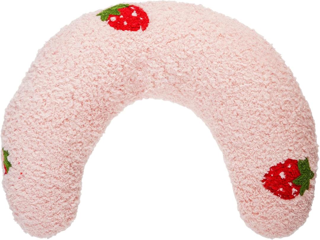 Lystaii Cat Calming Pillow for Indoor Pets - Soft Fluffy Cat & Dog Bed - Dog Neck Pillow Pet Toy Half Donut Anxiety Relief with Cute Embroidery Pattern (Pink, Strawberry)