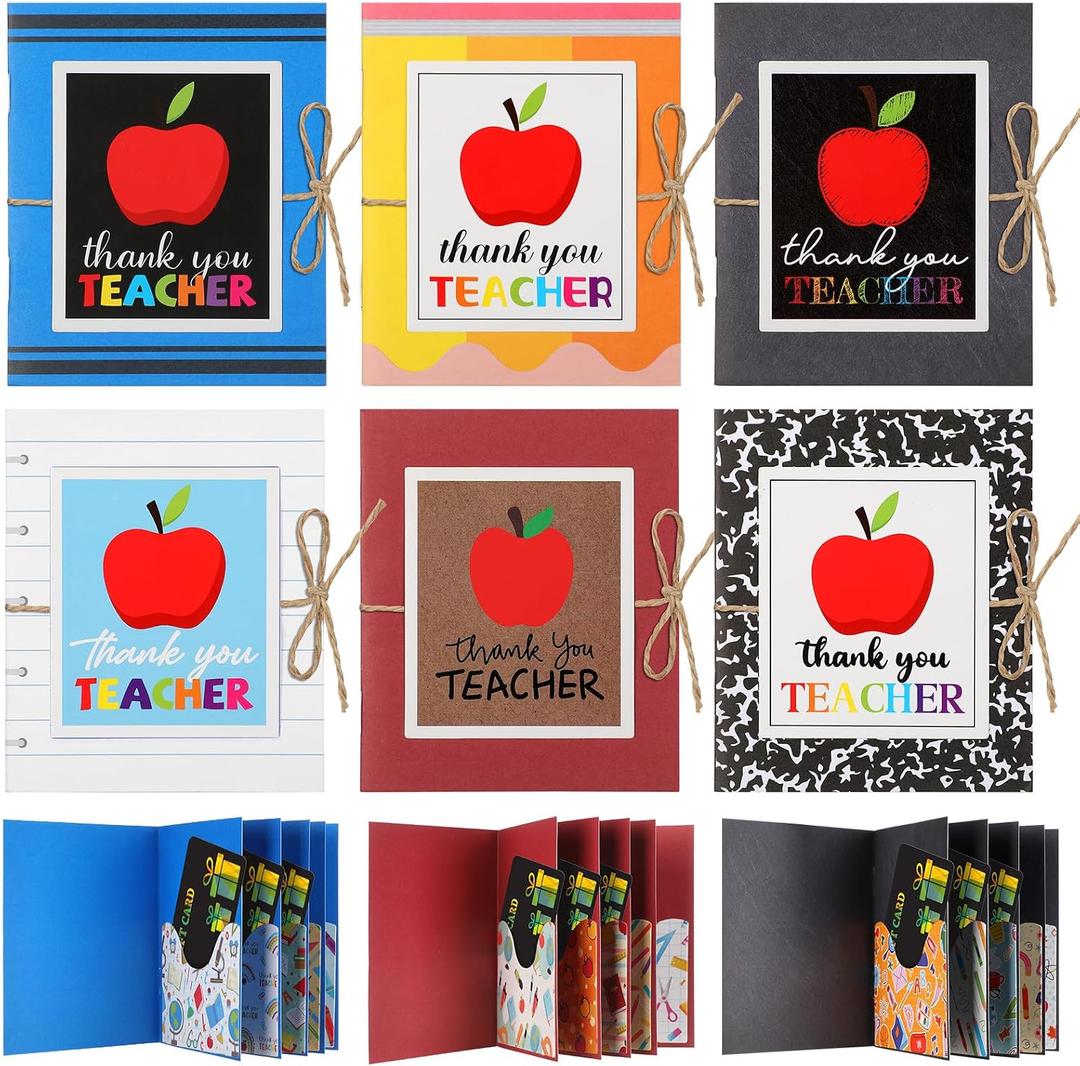 ReliThick 6 Pack Teacher Gift Card Books 5 Slots Gift Card Booklet Holder Thank You Postcard Money Sleeves for Teacher Appreciation Week