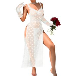 EHSUYAB Women's Sexy Heart Lingerie Set, Underwire High Slit Bow Maxi Dress Valentines, Ruched Sheer Nightgown Boudoir Outfit (White, S)