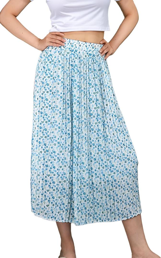 BAEAUTYZIN Women's Midi Skirts Chiffon Floral Elastic High Waisted A-Line Skirt, Pleated Skirts for Women Trendy