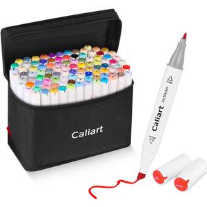 Caliart Markers, 100 Colors Dual Tip Art Markers Sketch Pens Permanent Based, with Case for Adults Artists Drawing Illustration Sketching Coloring (White Barrel)
