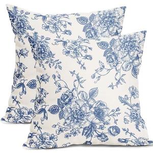 Blue Floral Pillow Covers 20x20 Inch Vintage Flower Blue White Decorative Throw Pillow Covers Set of 2 Chinoiserie Pillowcases Cotton Linen Square Cushion Covers For Couch Bed Sofa Chair Car Decor