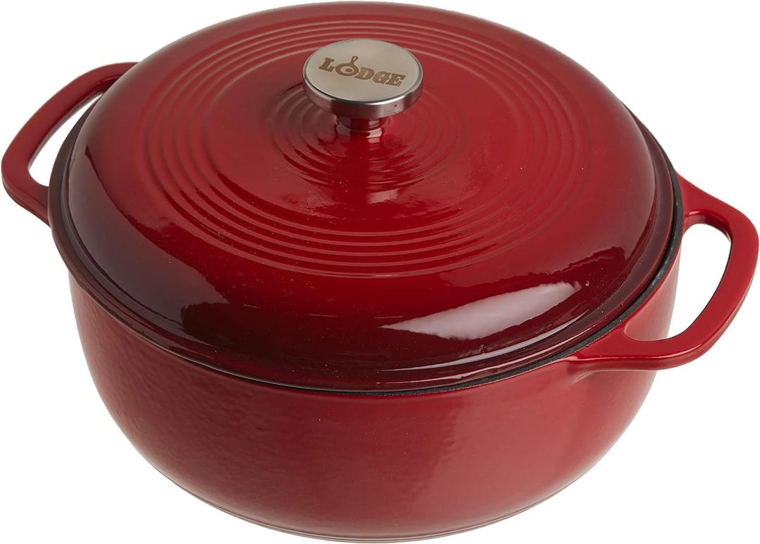 Lodge 6 Quart Enameled Cast Iron Dutch Oven with Lid  Dual Handles  Oven Safe up to 500 F or on Stovetop - Use to Marinate, Cook, Bake, Refrigerate and Serve  Island Spice Red