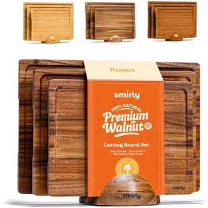 SMIRLY Walnut Wood Cutting Boards for Kitchen, Set of 3 with Holder Large - Small, Walnut Wooden Cutting Board Set with Deep Juice Grooves, Non Toxic Serving Tray, Perfect Mother's Day Gifts