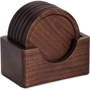 Wood Coasters with Holder, GOH DODD Set of 6 Walnut Wooden Coaster Tabletop Protection for Drinks Coffee Table Home Kitchen Office Bar Living Room Decor Housewarming Gifts Wedding Party, 3.7 Inch
