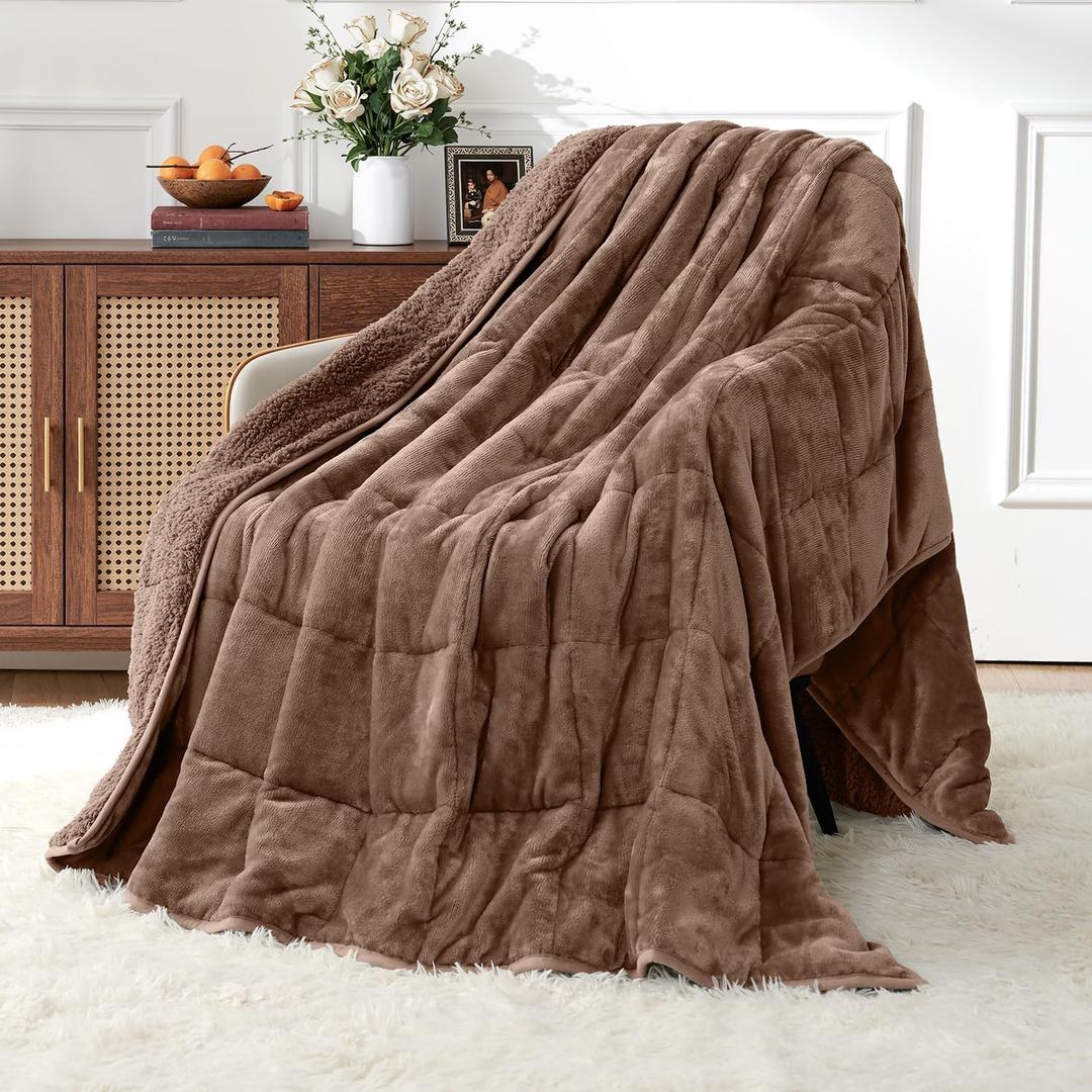 Uttermara Weighted Blankets for Adults Queen Size, 20lbs 60x80 inches Blanket with Soft Warm Plush Sherpa Fleece, Washable Thick Heavy Throw for Sleeping and Calming, Brown