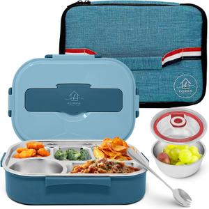 Korra Home & Living Stainless Steel Lunch Bento Box for Adults and All ages - 5 Compartments, Insulated Bag, Spork, and Leak resistant Soup Bowl, Durable for Work, College, Travel (Blue)