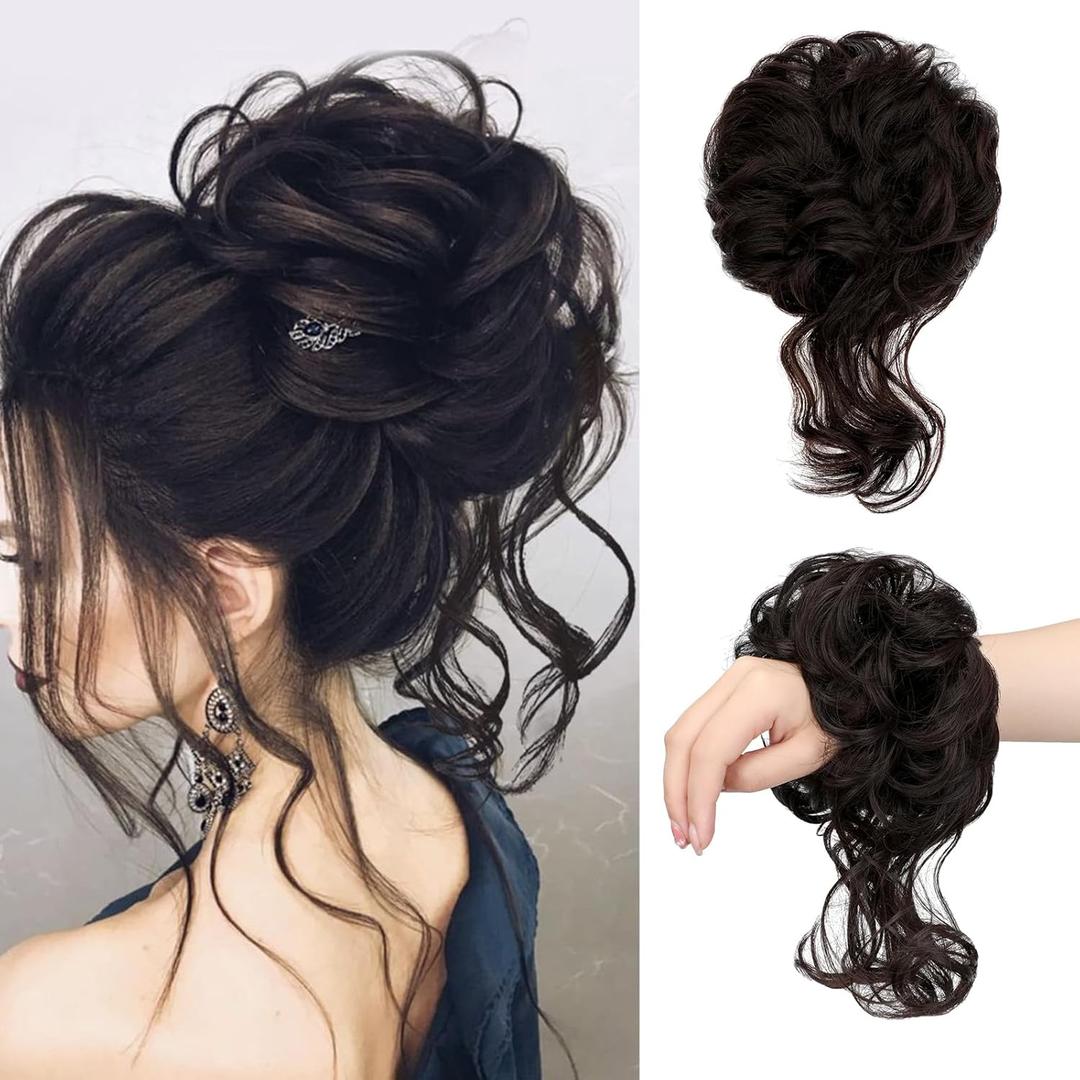 Messy Bun Hair Piece Tousled Updo Hair Buns Extension Elastic Band Curly Scrunchie for Women Curly Chignon Ponytail Hairpiece Daily Wear(Dark Brown)