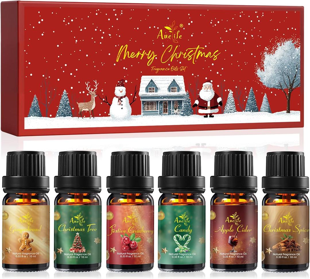 Winter Essential Oil Set | 6 Pack Holiday Fragrance Oils for Diffuser, Candle Making | Christmas Tree, Spice, Gingerbread, Apple Cider, Candy, Cranberry | Aromatherapy Gift Set for Home & Women