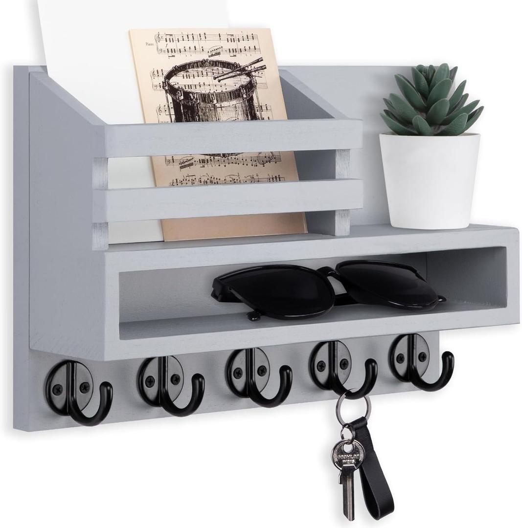 Key and Mail Holder Wall Mount, Key Hanger with Long Storage Box and Key Hooks for Coat, Dog Leash, Home Decor Rack, House Accessories, Entry Way Organizer (Standard - 11.8 Inch, Gray)