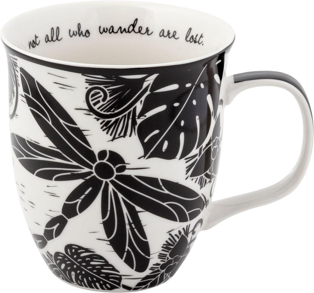 Karma Gifts 16 oz Black and White Boho Mug Dragonfly - Cute Coffee and Tea Mug - Ceramic Coffee Mugs for Women and Men (14 Ounces)